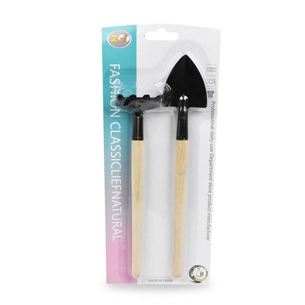 Kit de jardín con pala y rastrillo de madera de mango