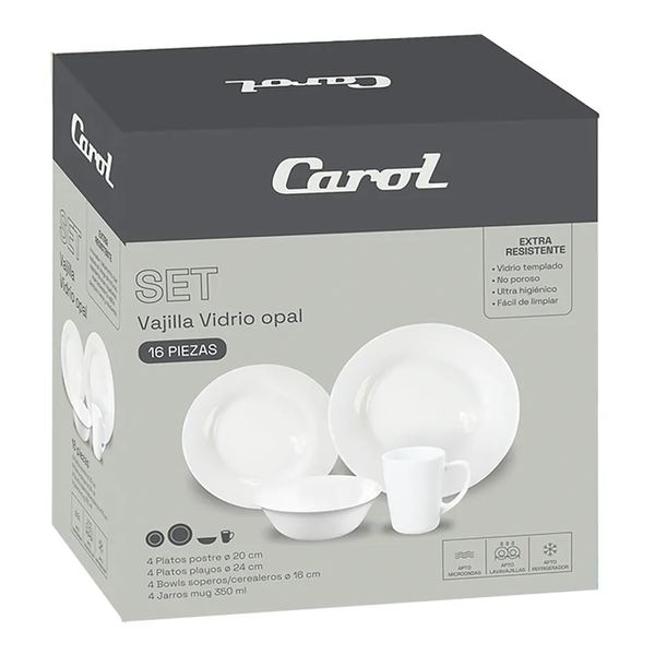 Set de vajilla de vidrio opal carol 16 piezas blanco