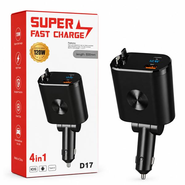 Adaptador cargador para auto 120w 800mm 4 en 1 d17