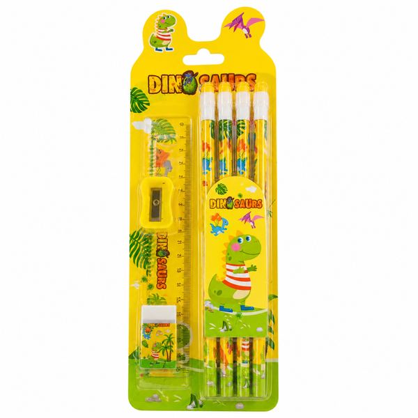 Set 4 lapices + tijera + sacapuntas y goma dinosaurs 807